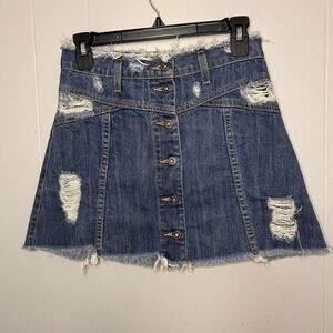 Carmar Denim Distressed Frayed Hem Button Front Mini Skirt Light Wash Size 25